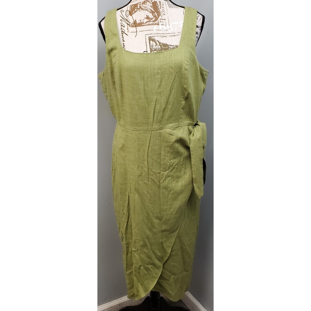 Ann Taylor Factory Dress Womens 8 Green Linen Blend Overlap Tulip Hem Side-Tie